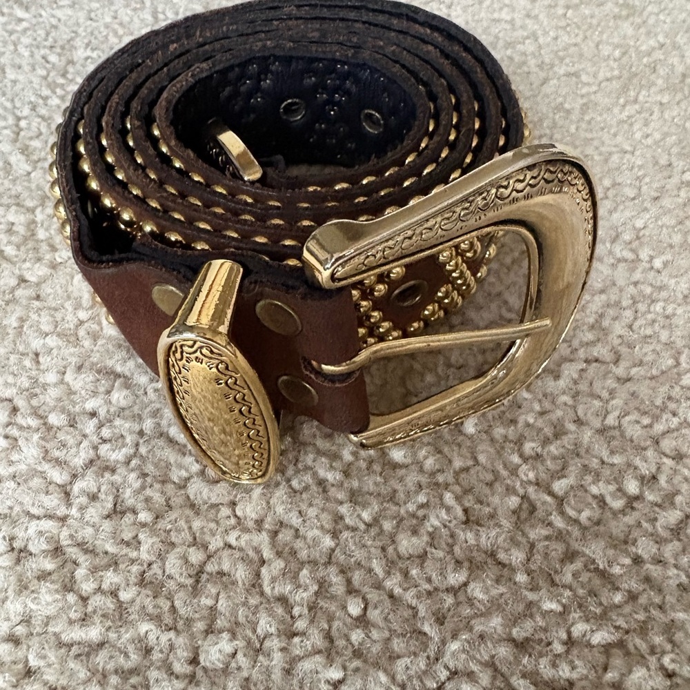 Sand Castle Brown leather Belt with Gold Buckle and studs